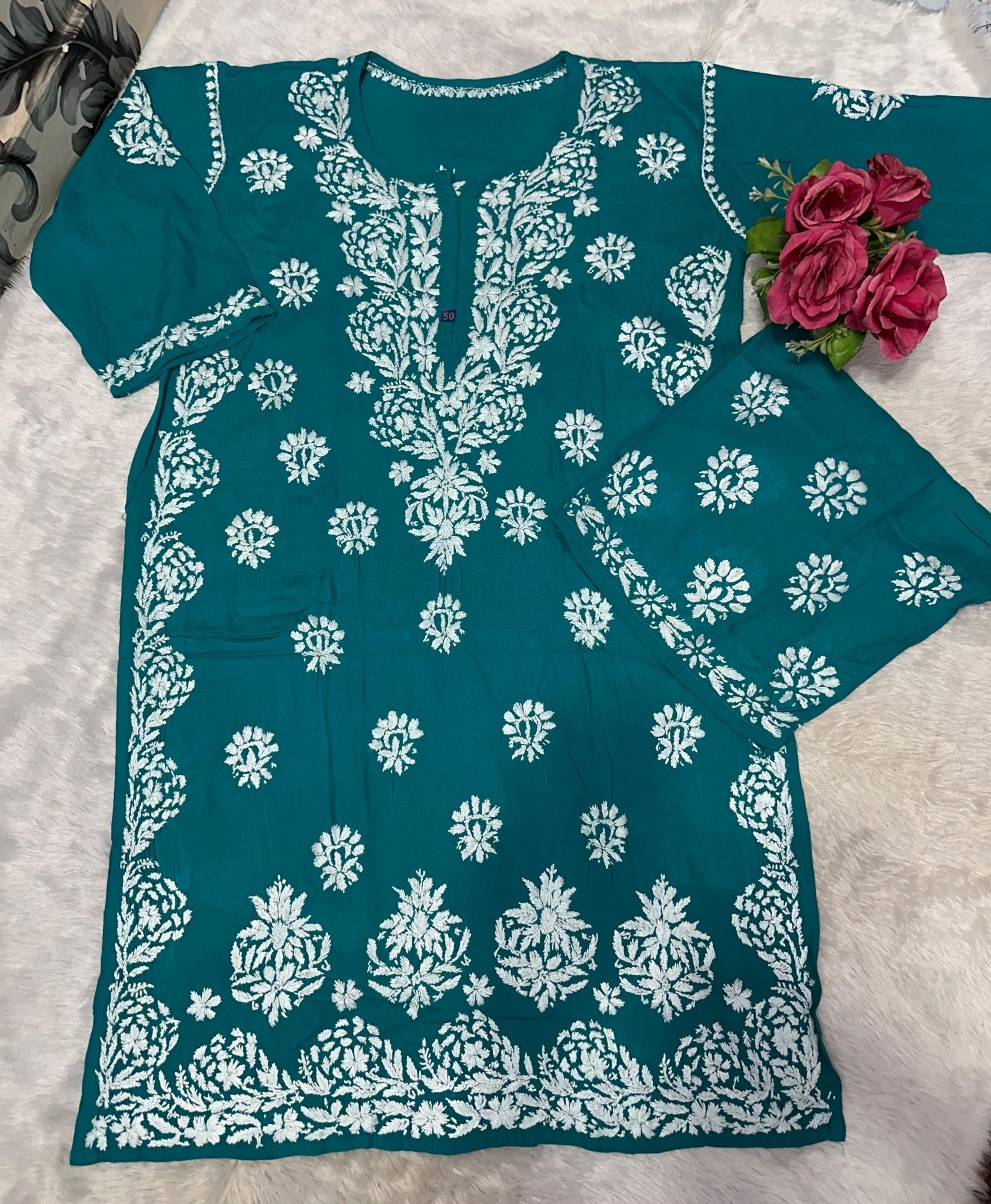 Big size Rayon White thread comfy Set - Chikankari official