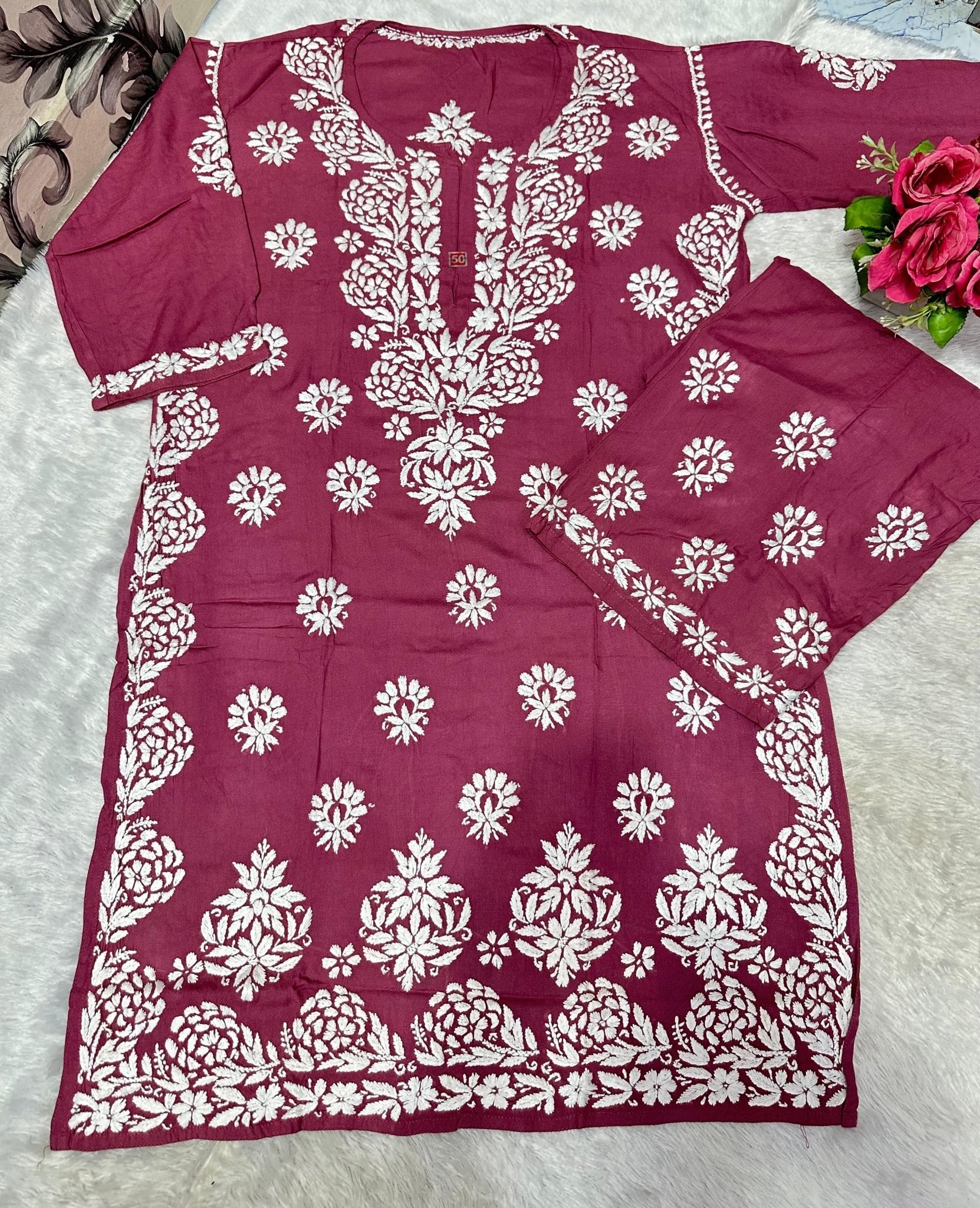 Big size Rayon White thread comfy Set - Chikankari official