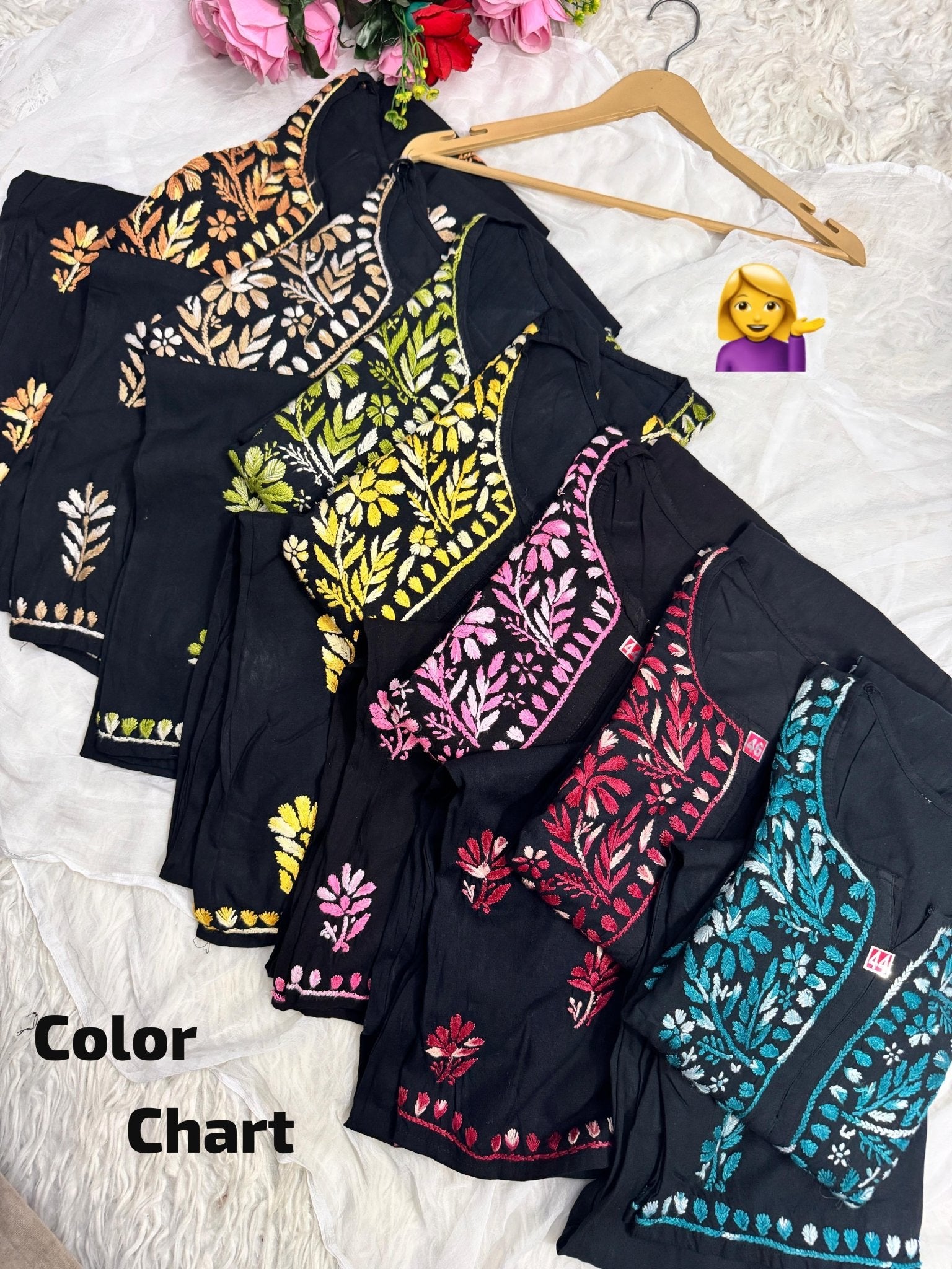 Black base heavy work Flower Modal set - Chikankari official