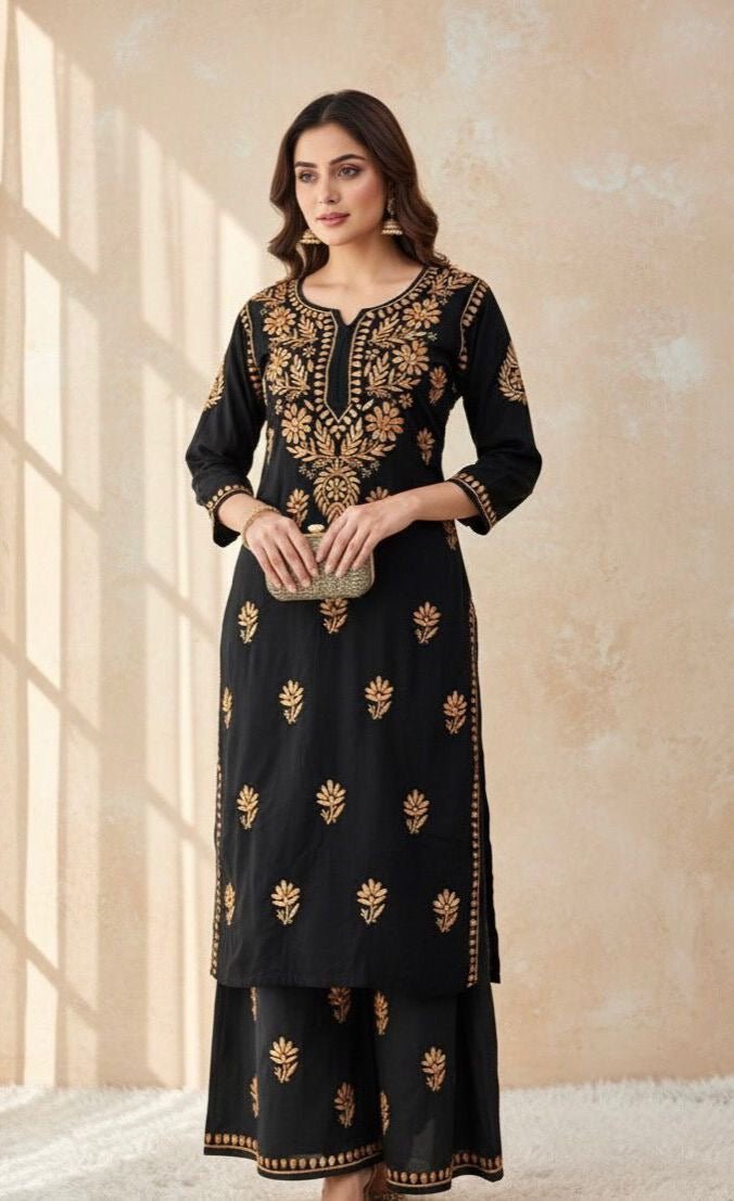 Black base heavy work Flower Modal set - Chikankari official