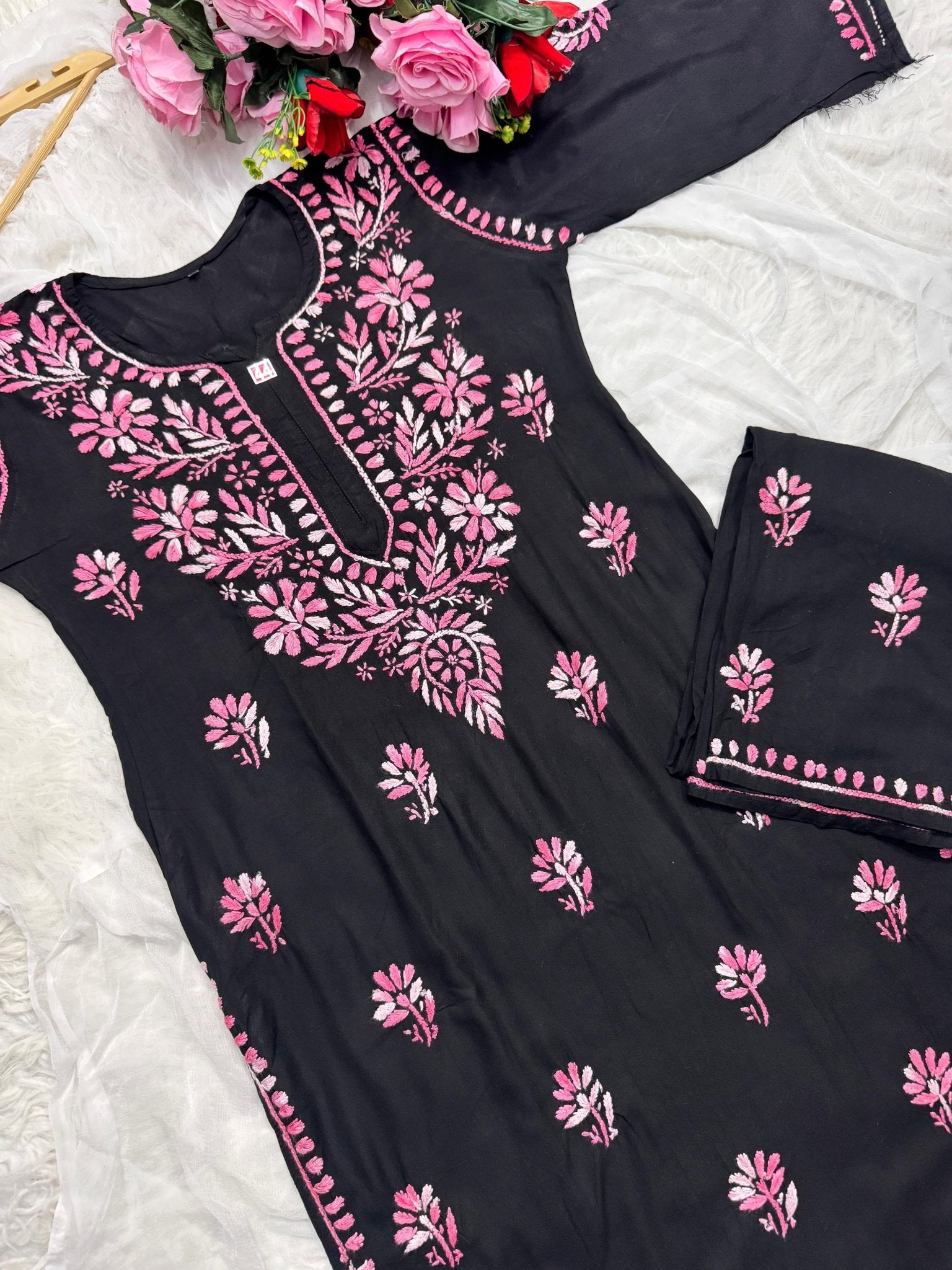Black base heavy work Flower Modal set - Chikankari official