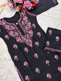 Black base heavy work Flower Modal set - Chikankari official