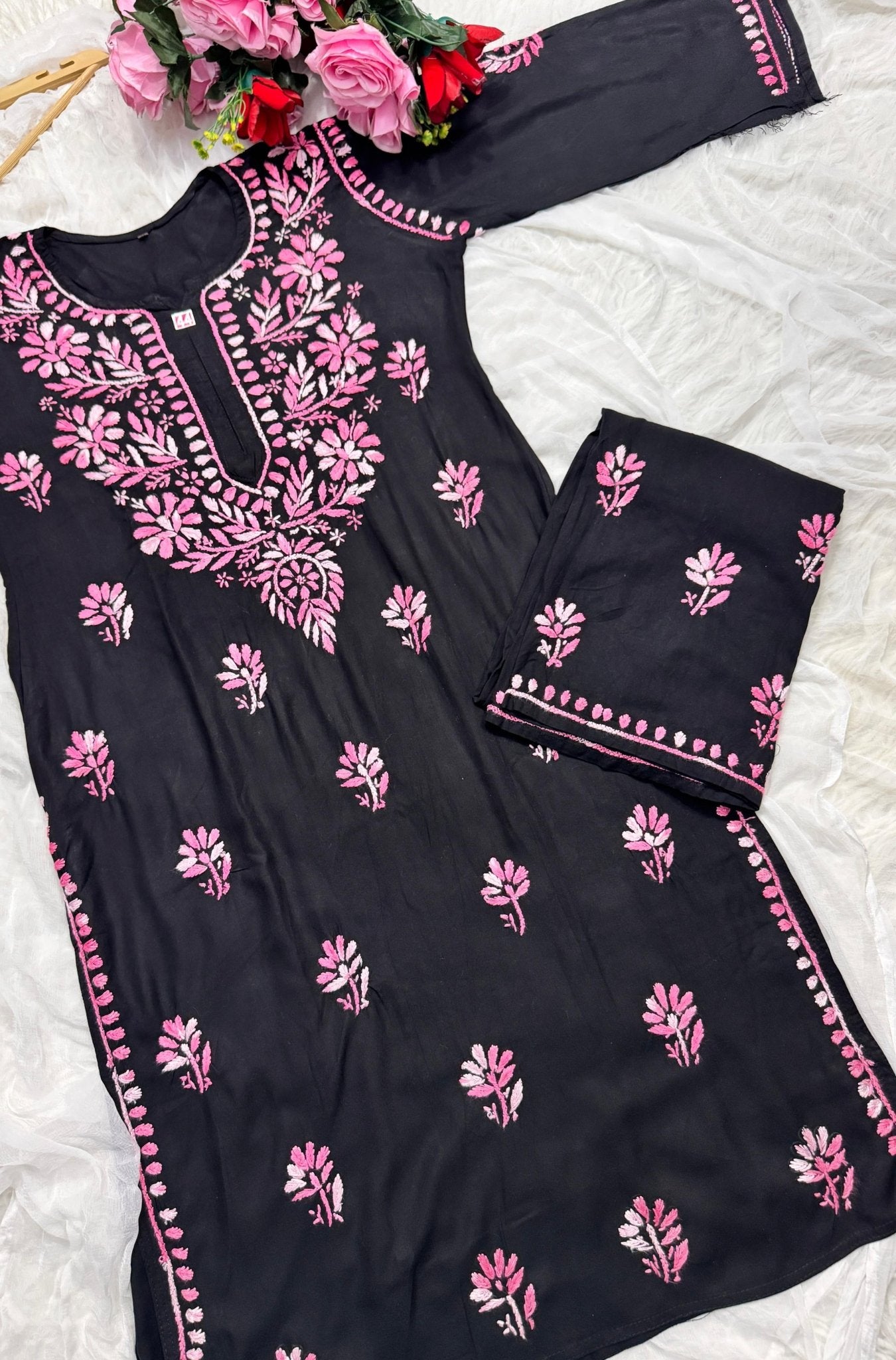 Black base heavy work Flower Modal set - Chikankari official
