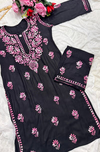 Black base heavy work Flower Modal set - Chikankari official