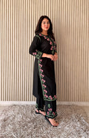 Black Multi thread Rose Kurta & Plazzo - Chikankari official