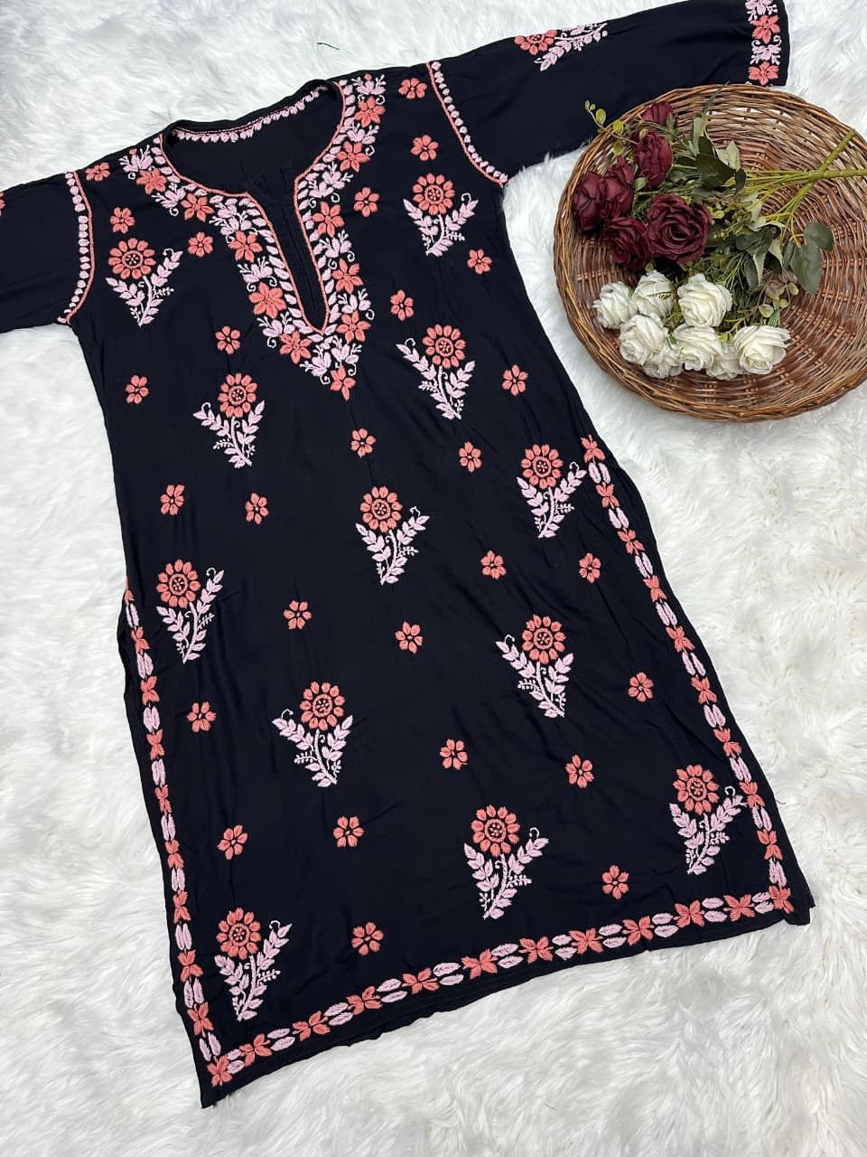Black Rayon Threaded co - ord Set - Chikankari official