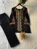 Black Velvet Designer Embroidered co - ord Set - Chikankari official