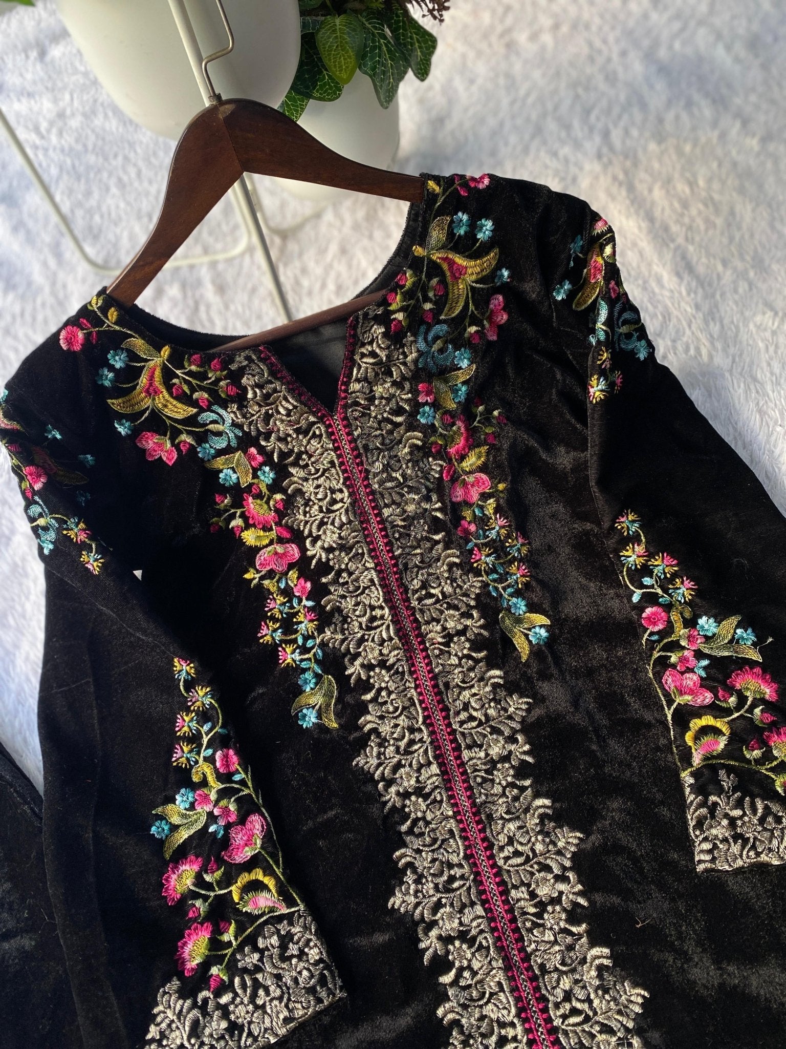 Black Velvet Designer Embroidered co - ord Set - Chikankari official