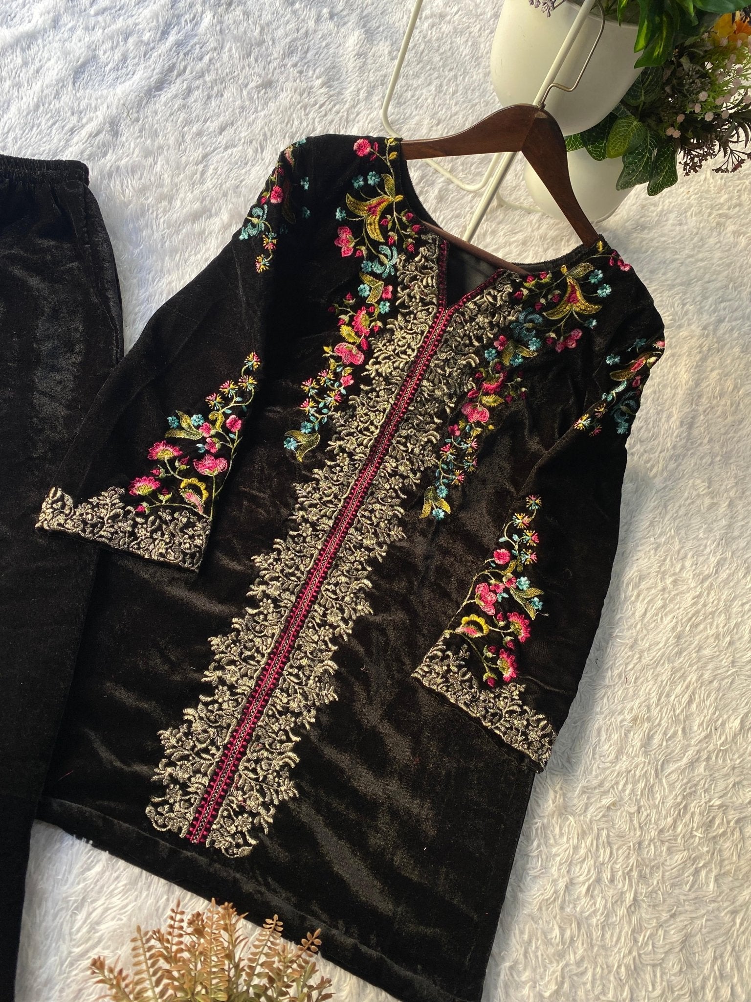 Black Velvet Designer Embroidered co - ord Set - Chikankari official