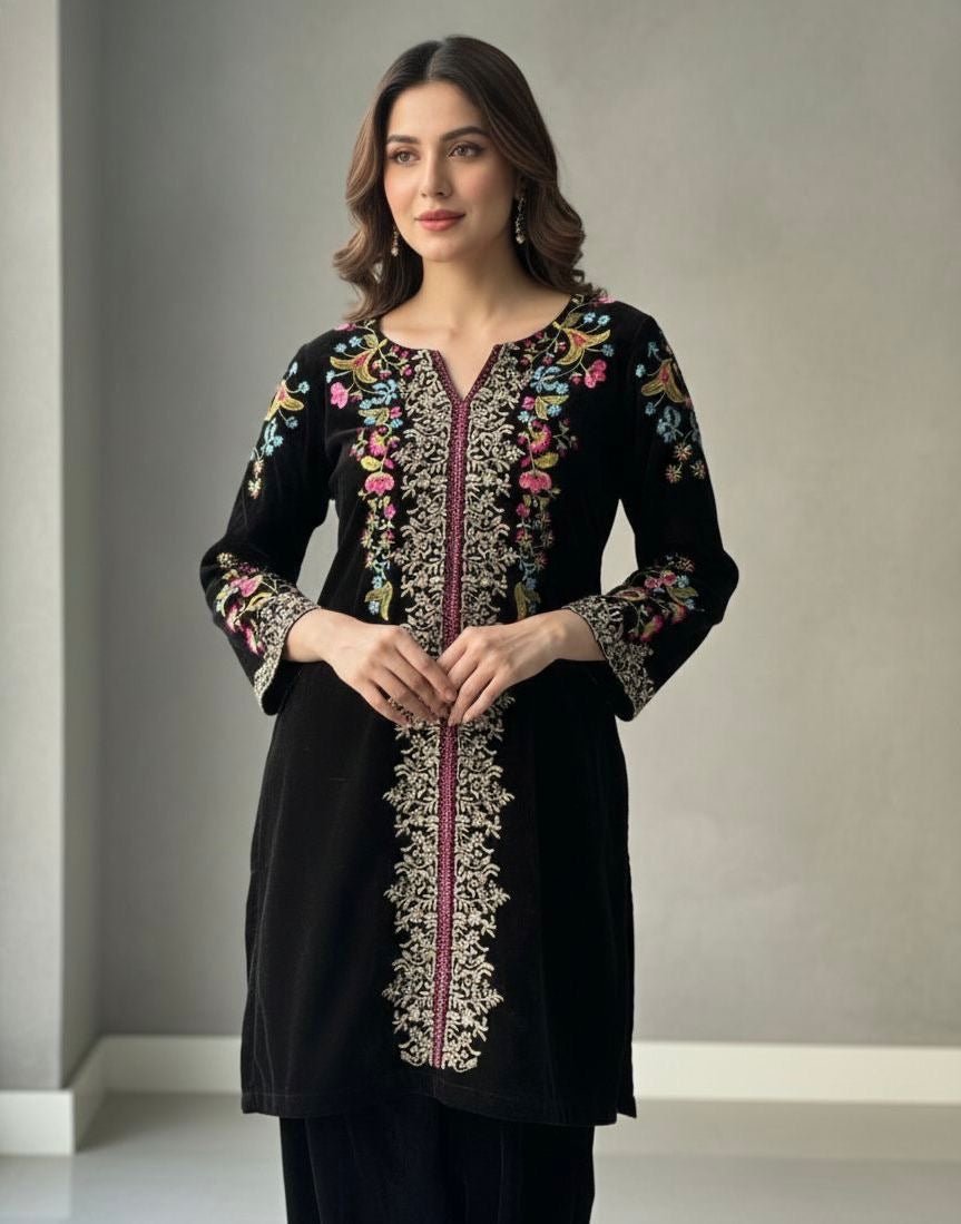 Black Velvet Designer Embroidered co - ord Set - Chikankari official
