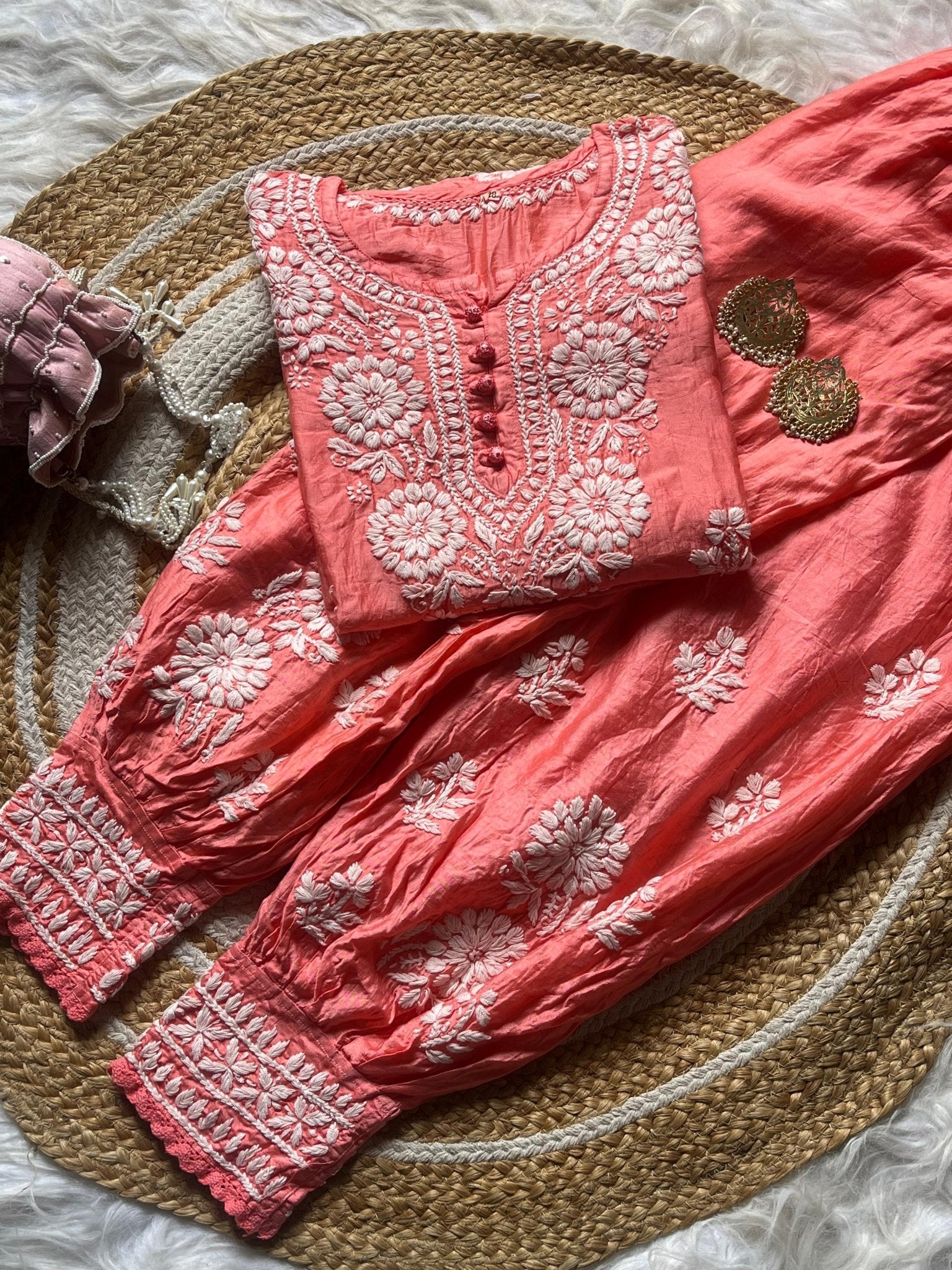 Butter soft chanderi Short Kurti with afghani pant - Chikankari official
