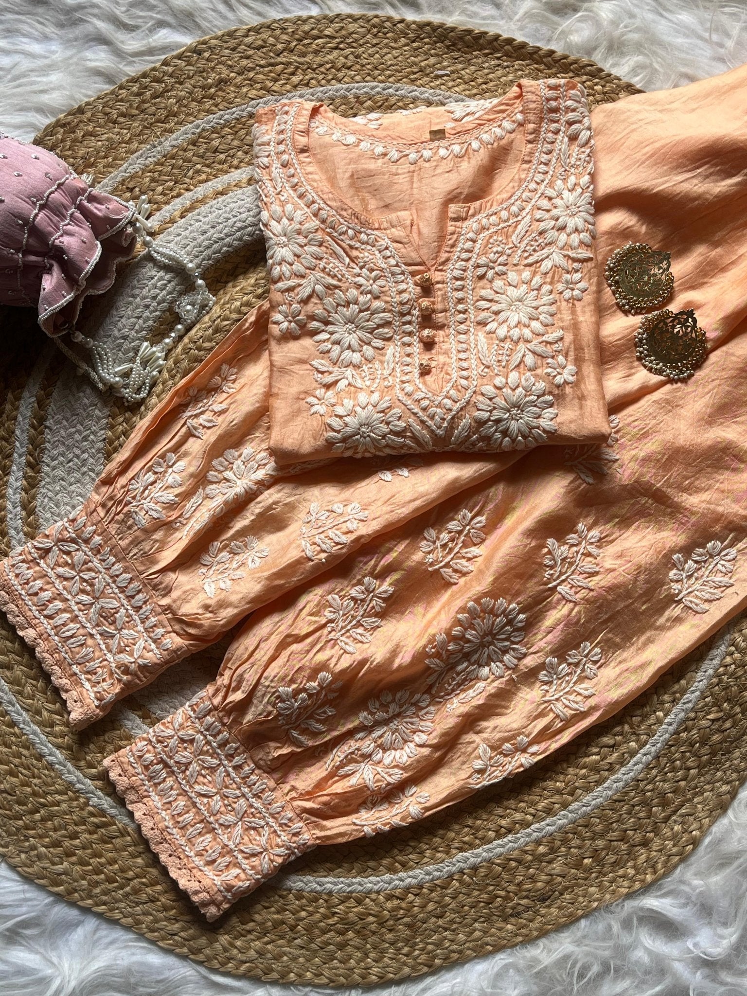 Butter soft chanderi Short Kurti with afghani pant - Chikankari official