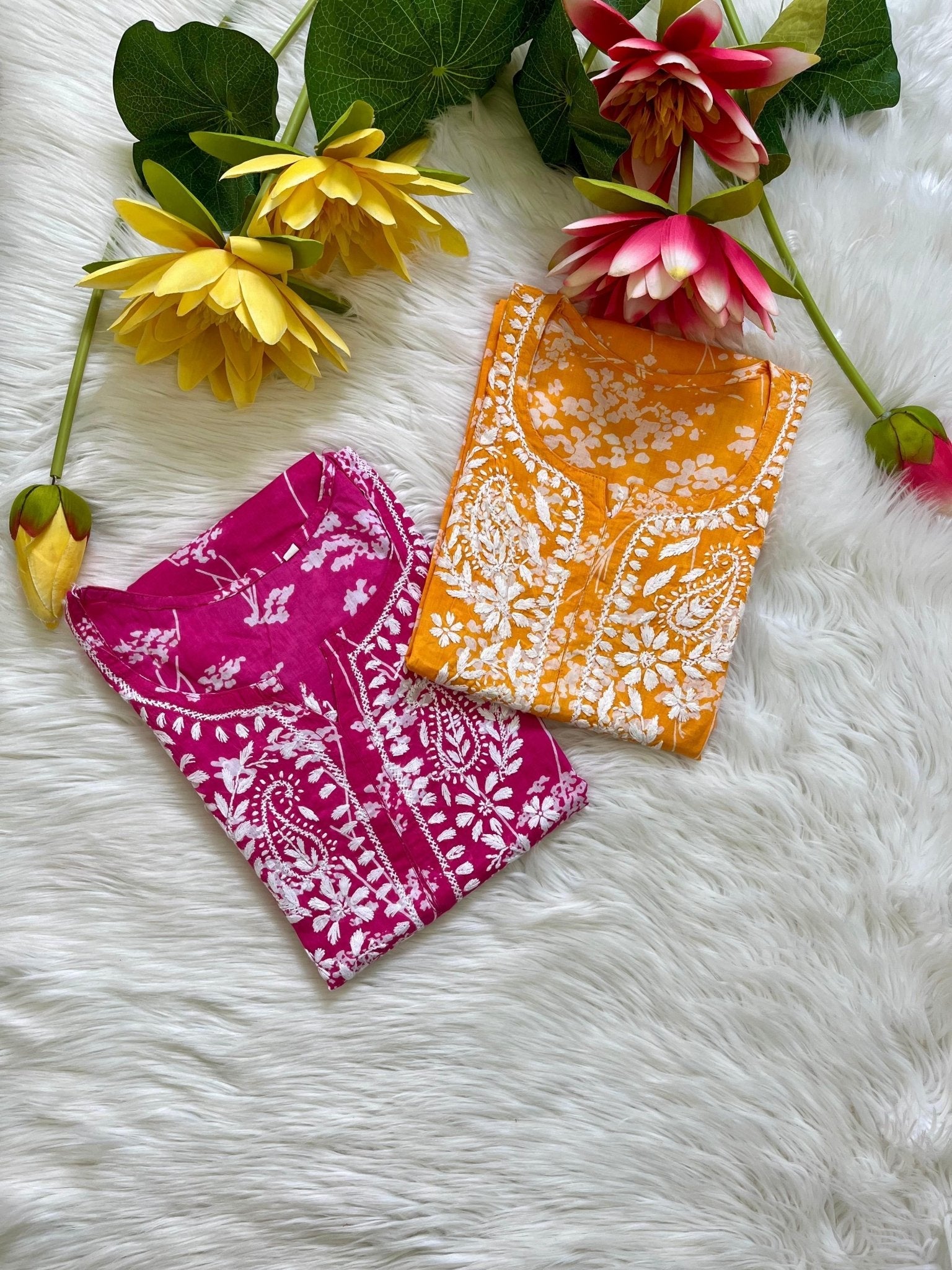 Buy 1 Get 1 Free Zainab Lightweight Mul Chikankari floral print kurtis - Chikankari official
