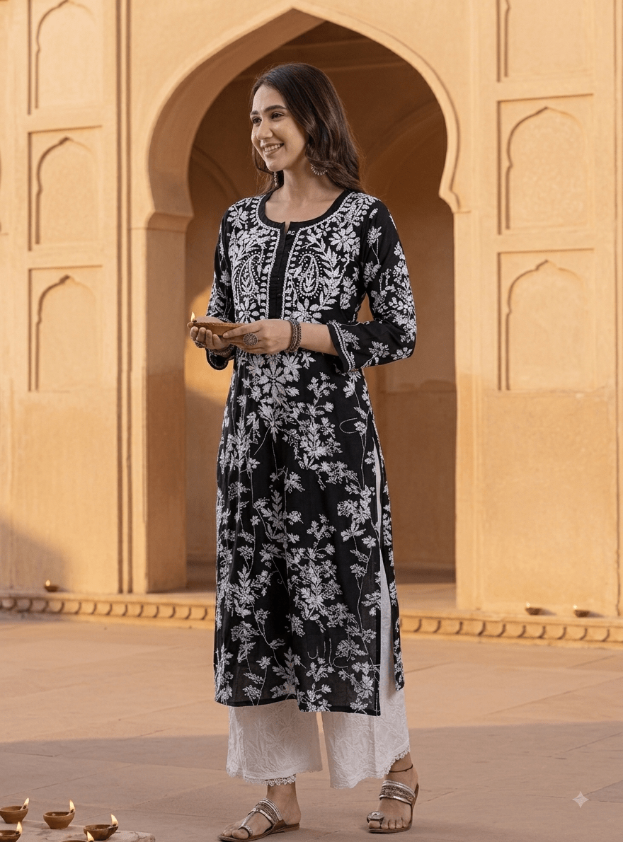 Buy 1 Get 1 Free Zainab Lightweight Mul Chikankari floral print kurtis - Chikankari official