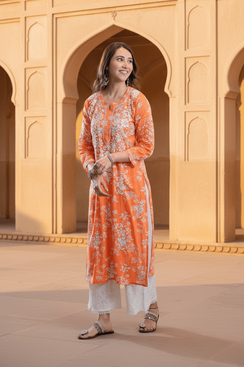 Buy 1 Get 1 Free Zainab Lightweight Mul Chikankari floral print kurtis