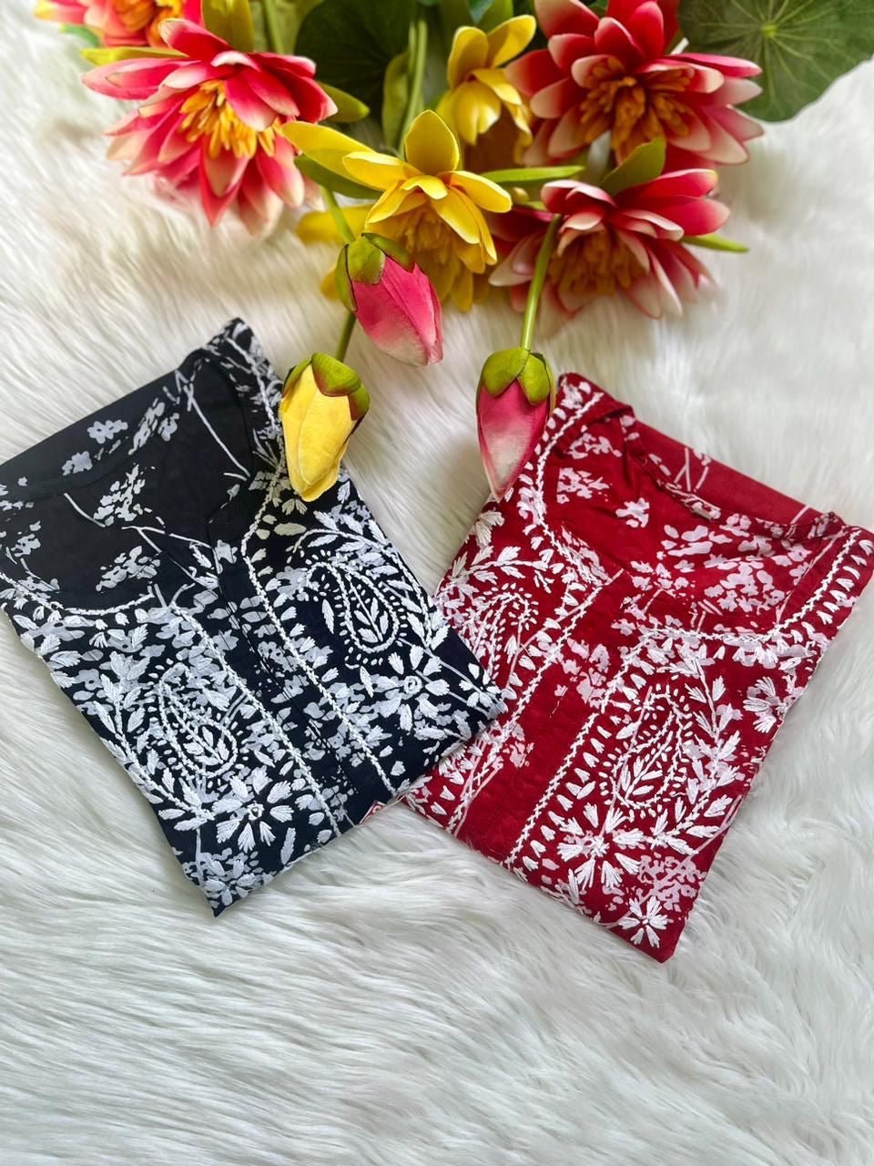 Buy 1 Get 1 Free Zainab Lightweight Mul Chikankari floral print kurtis - Chikankari official