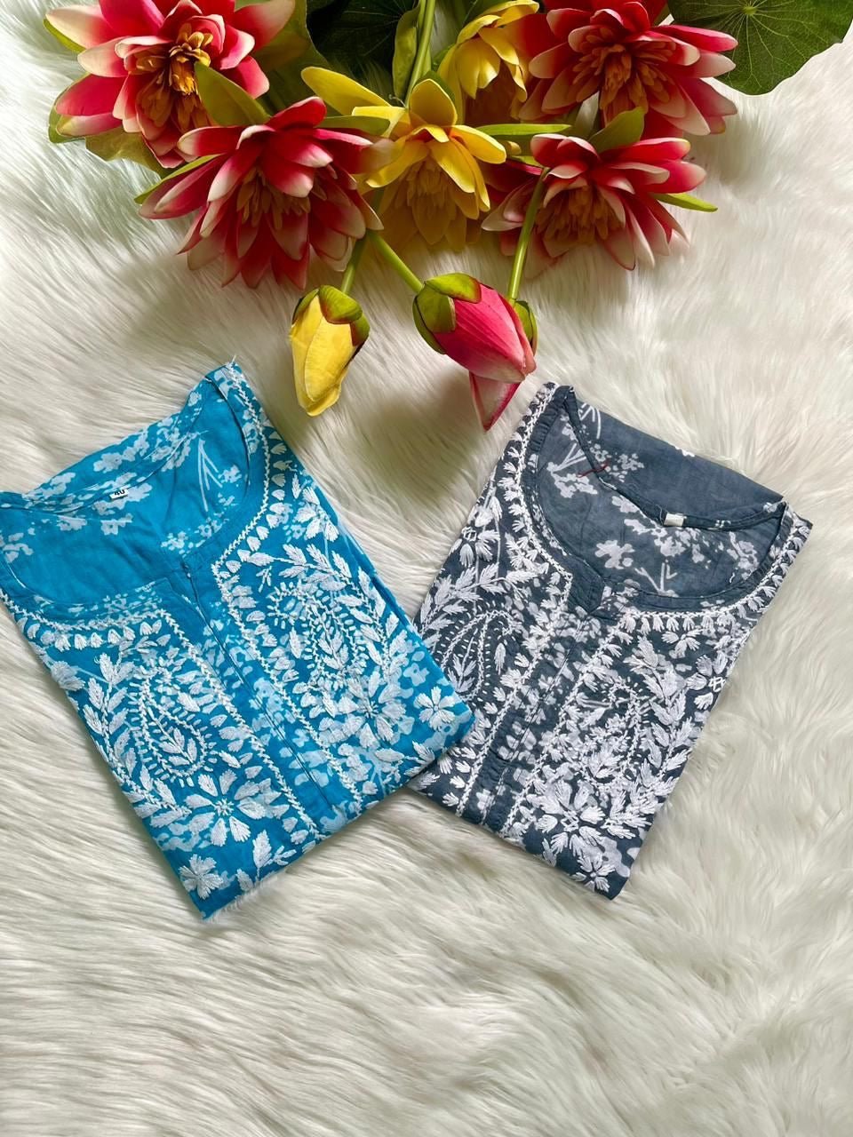 Buy 1 Get 1 Free Zainab Lightweight Mul Chikankari floral print kurtis - Chikankari official