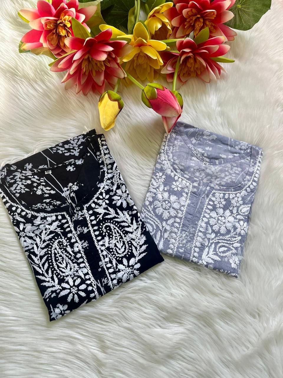Buy 1 Get 1 Free Zainab Lightweight Mul Chikankari floral print kurtis - Chikankari official