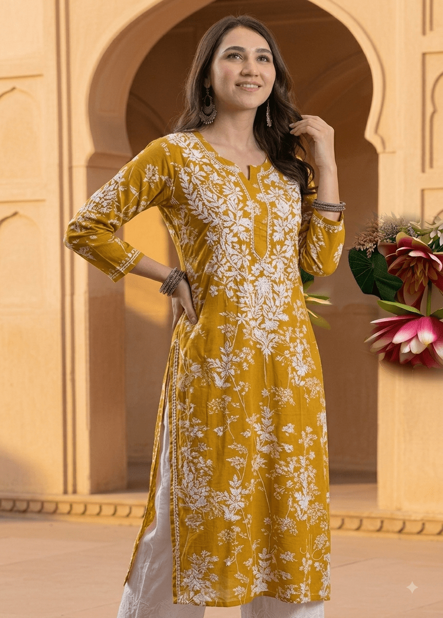 Buy 1 Get 1 Free Zainab Lightweight Mul Chikankari floral print kurtis - Chikankari official