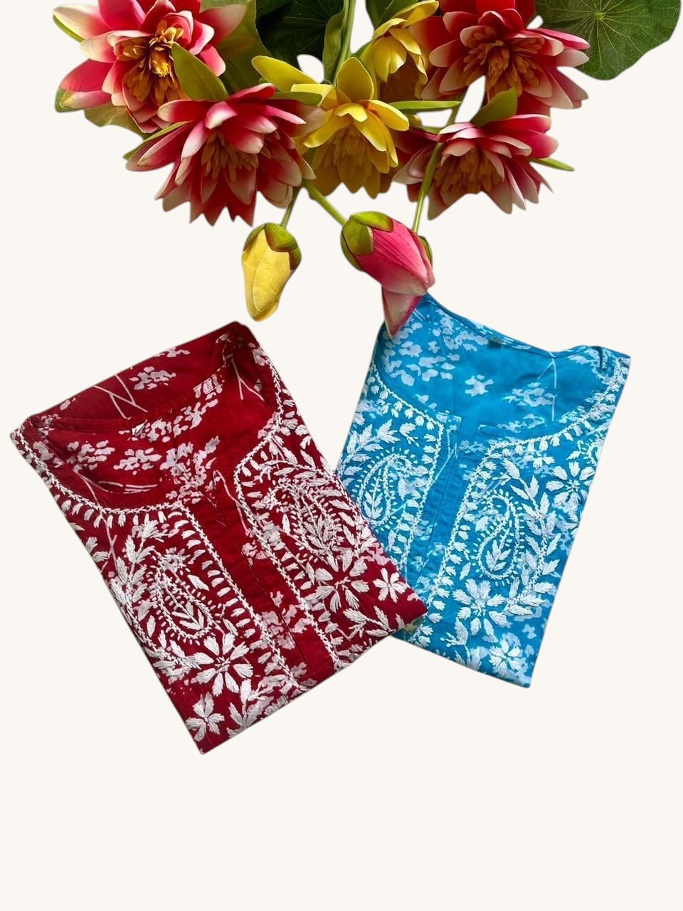 Buy 1 Get 1 Free Zainab Lightweight Mul Chikankari floral print kurtis - Chikankari official