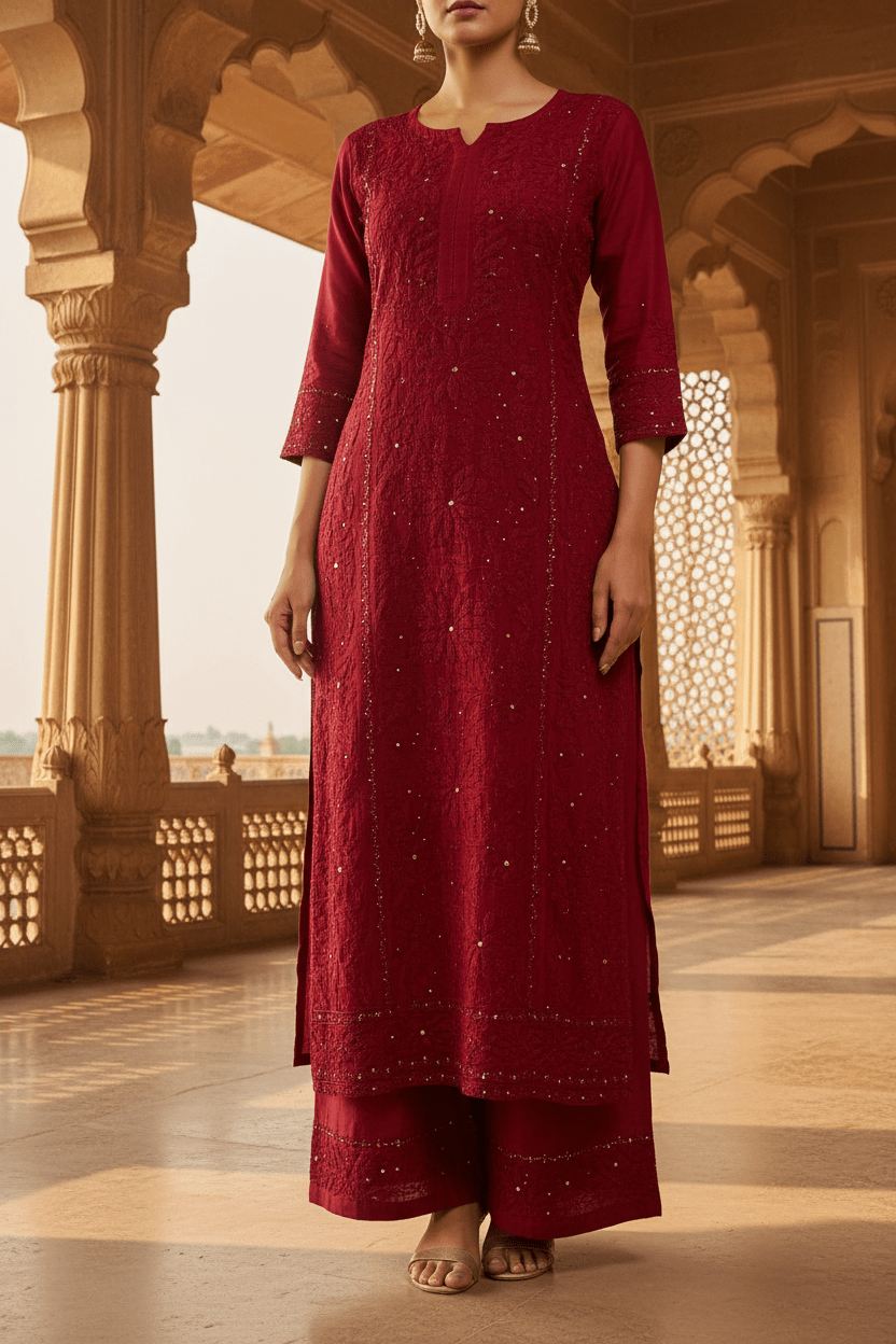 Chanderi 2pc Set with Ghaspatti Chikankari & Muqaish Work | Chikankari Official - Chikankari official