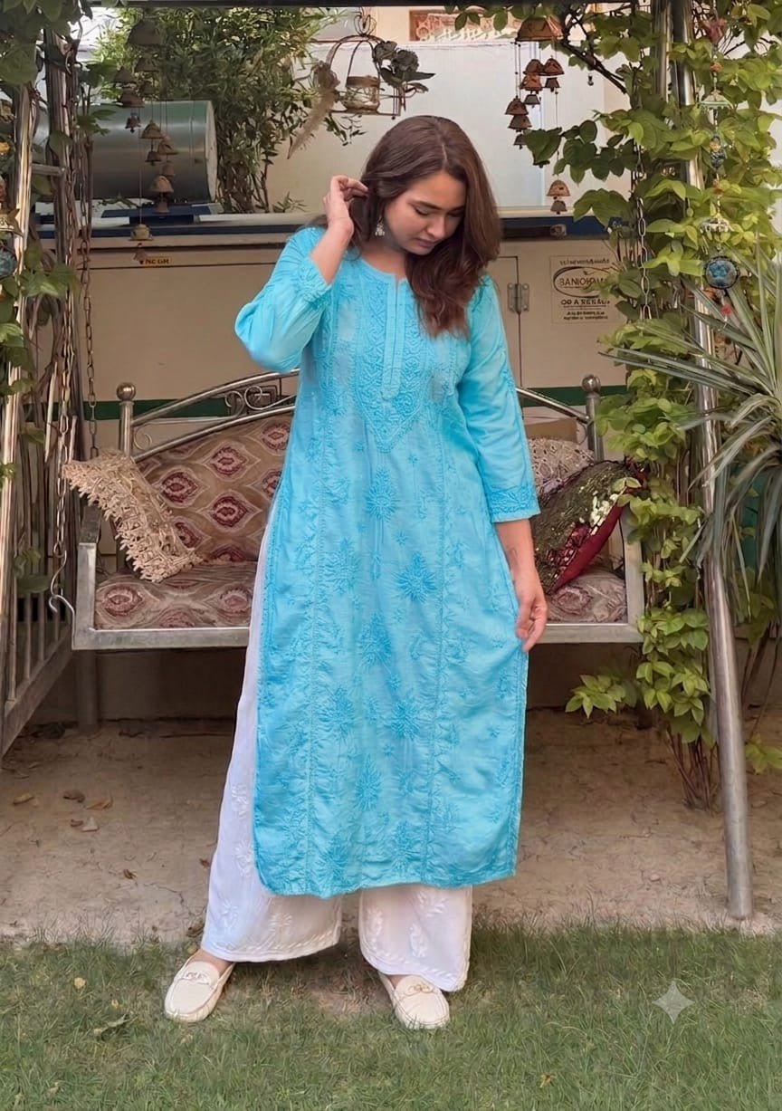 Chanderi 3d Gala Panel chikankari kurti - Chikankari official