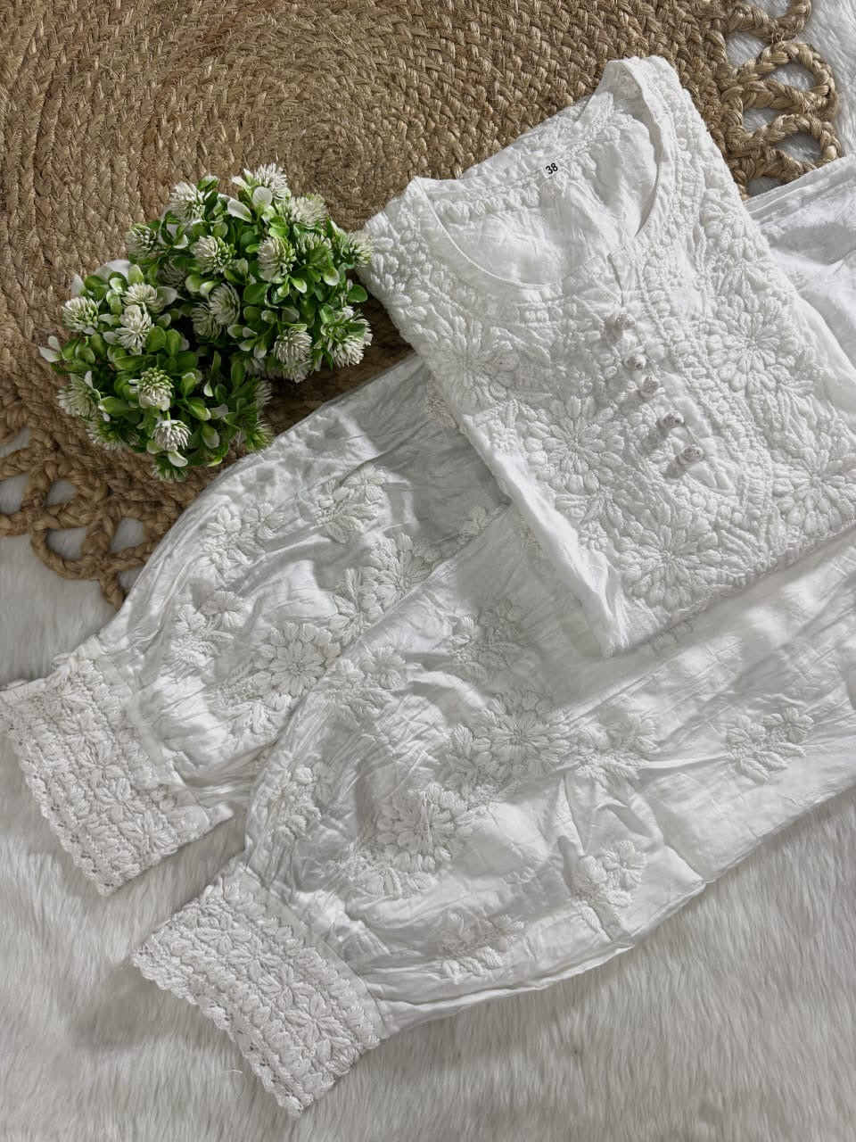 Chanderi Afghani Border Side less Set - Chikankari official
