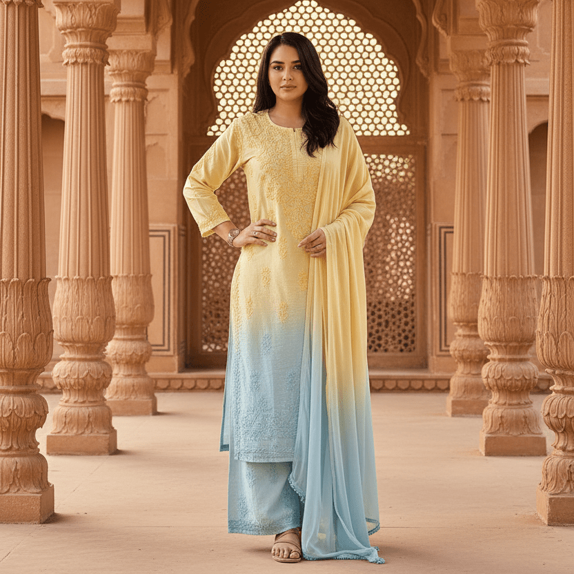 Chanderi Chikankari Ombre Rangrez 3-Piece Set | Sizes 38–46