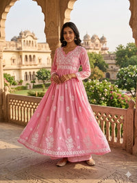 Chanderi Dyeable Fine work Gown - Chikankari official