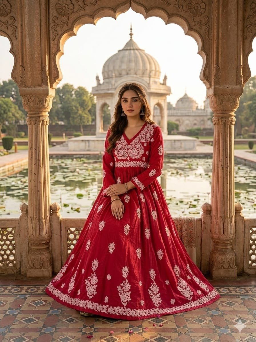 Chanderi Dyeable Fine work Gown - Chikankari official