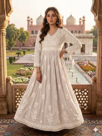 Chanderi Dyeable Fine work Gown - Chikankari official
