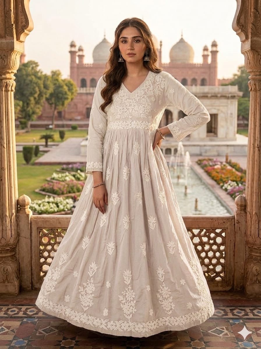 Chanderi Dyeable Fine work Gown - Chikankari official