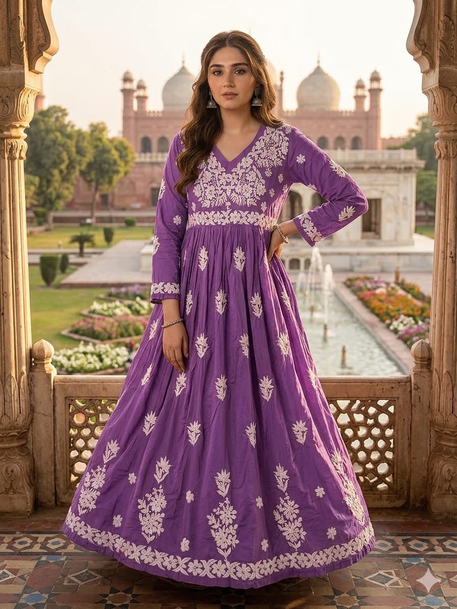 Chanderi Dyeable Fine work Gown - Chikankari official