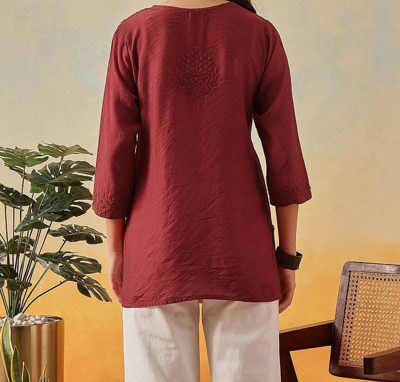 Chanderi Dyed Short Tops - Chikankari official
