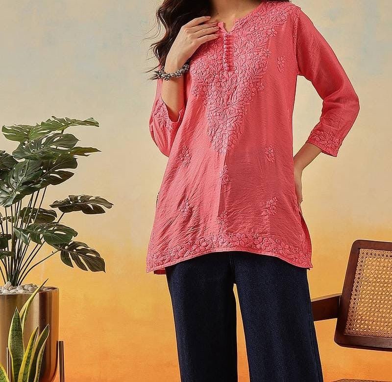 Chanderi Dyed Short Tops - Chikankari official