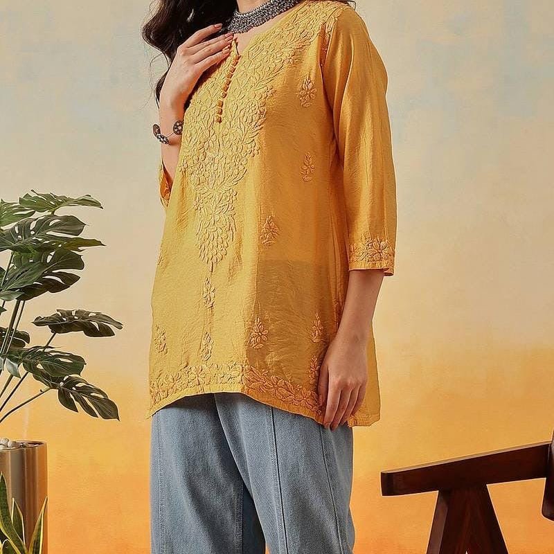 Chanderi Dyed Short Tops - Chikankari official
