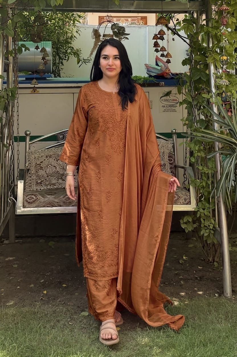 Chanderi Heavy work Ombre Rangrez 3pc Set - Chikankari official