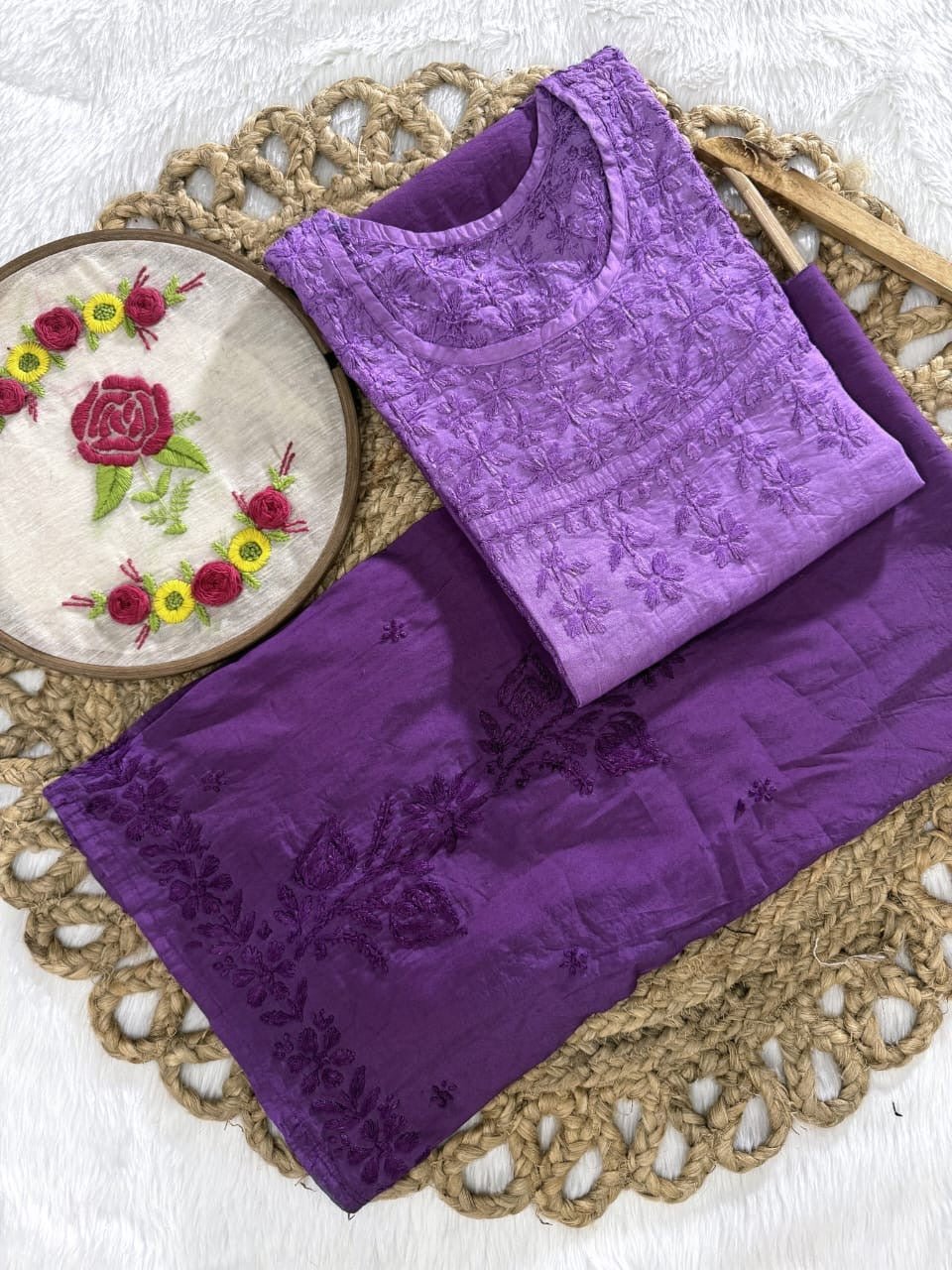Chanderi Plazzo Combo in pastle shades - Chikankari official