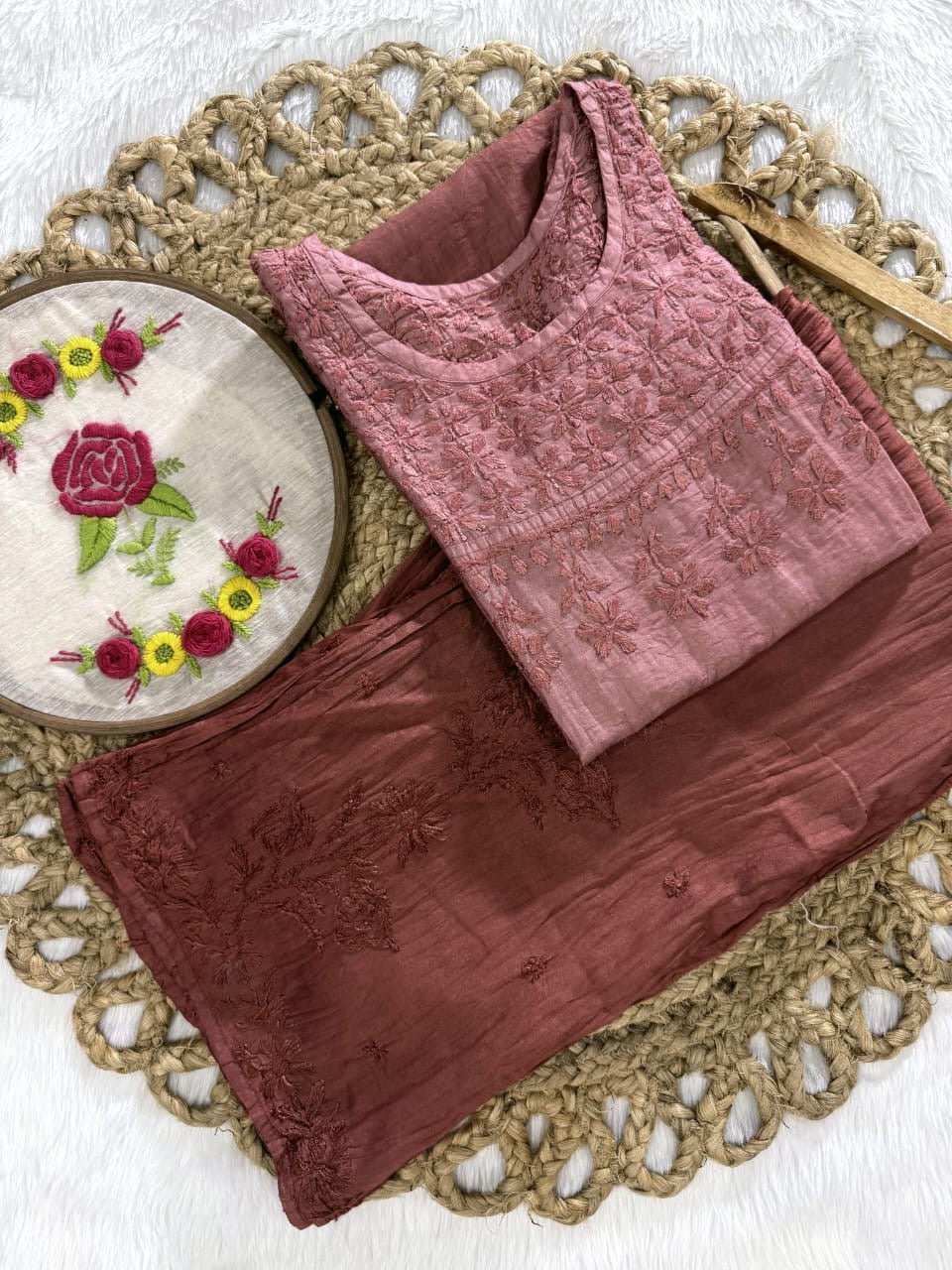 Chanderi Plazzo Combo in pastle shades - Chikankari official