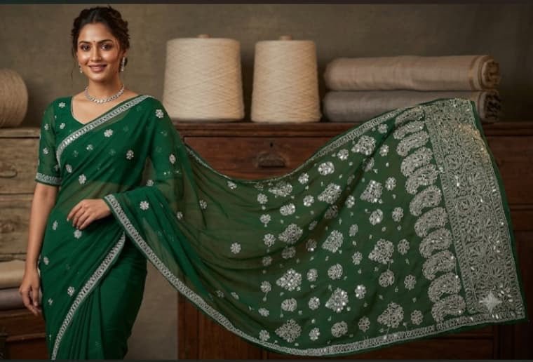 chikankari fancy Georgette saree border palli with blouse Gota patti - Chikankari official