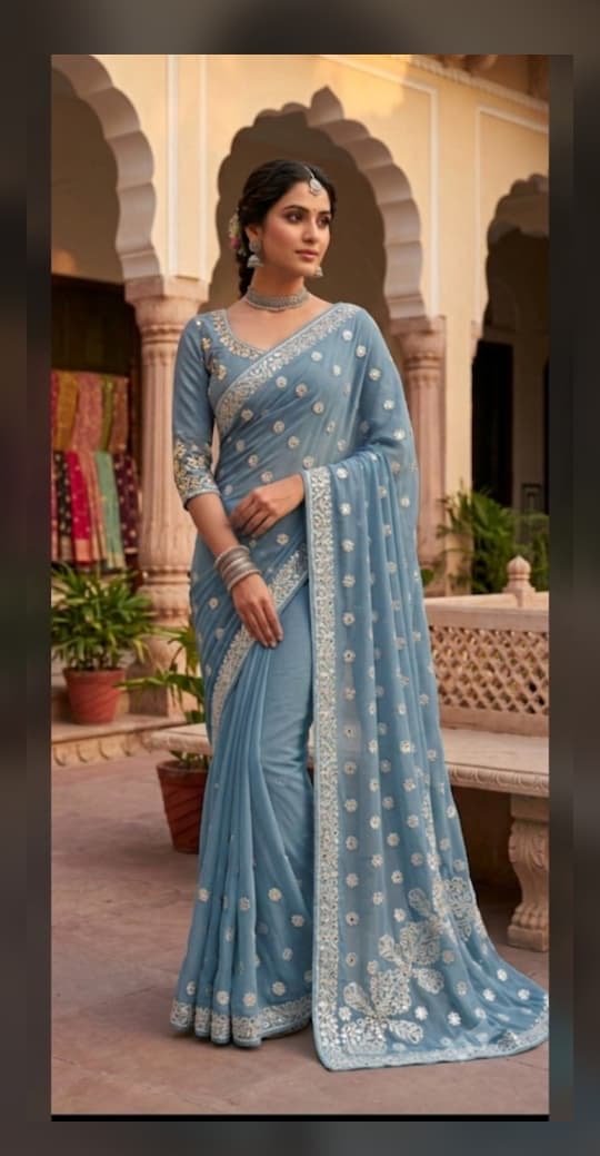 chikankari fancy Georgette saree border palli with blouse Gota patti - Chikankari official