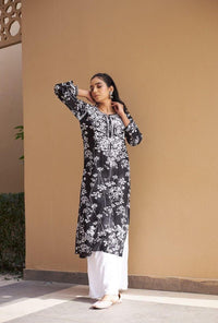 Chikankari Official 38 / black Soft & Comfy Mul leafy Contrast Kurtis ( Neetu Special )