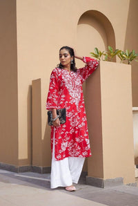 Chikankari Official 38 / red Soft & Comfy Mul leafy Contrast Kurtis ( Neetu Special )