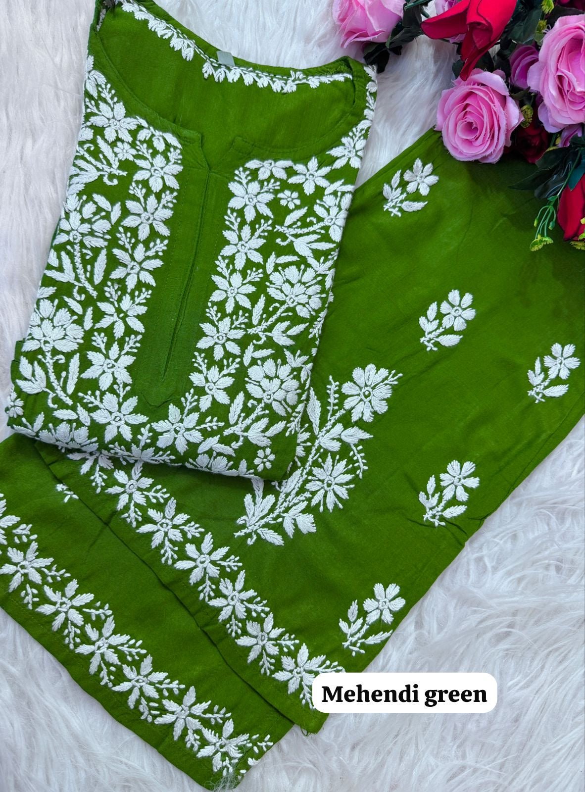 chikankariofficial 34 / green Rayon Co ord with beautiful work