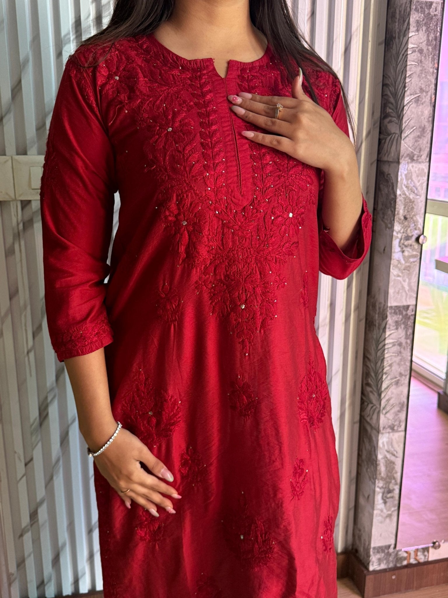 chikankariofficial 36 / red Butter Soft Silver Muqaish kurta