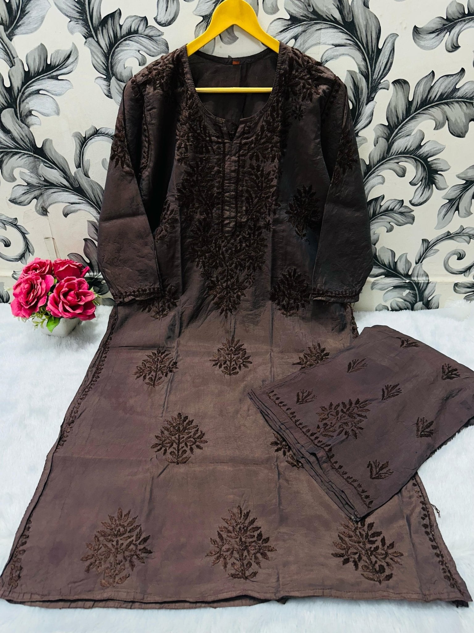 chikankariofficial 38 / brown Pure Chanderi Kurti & Plazzo