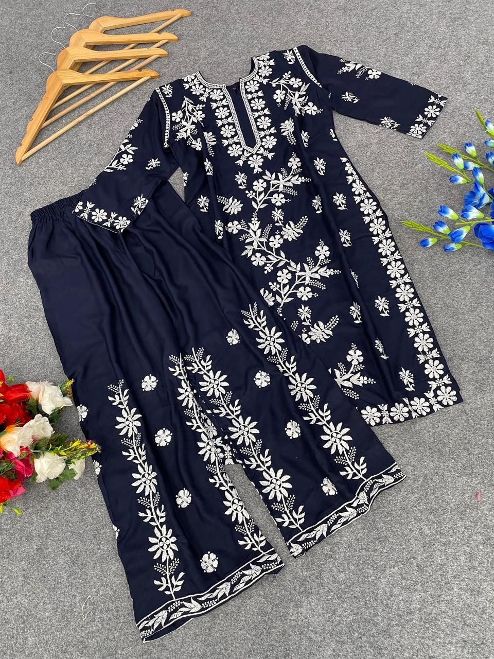 chikankariofficial Rayon Kurta and Plazzo With heavy chikan work