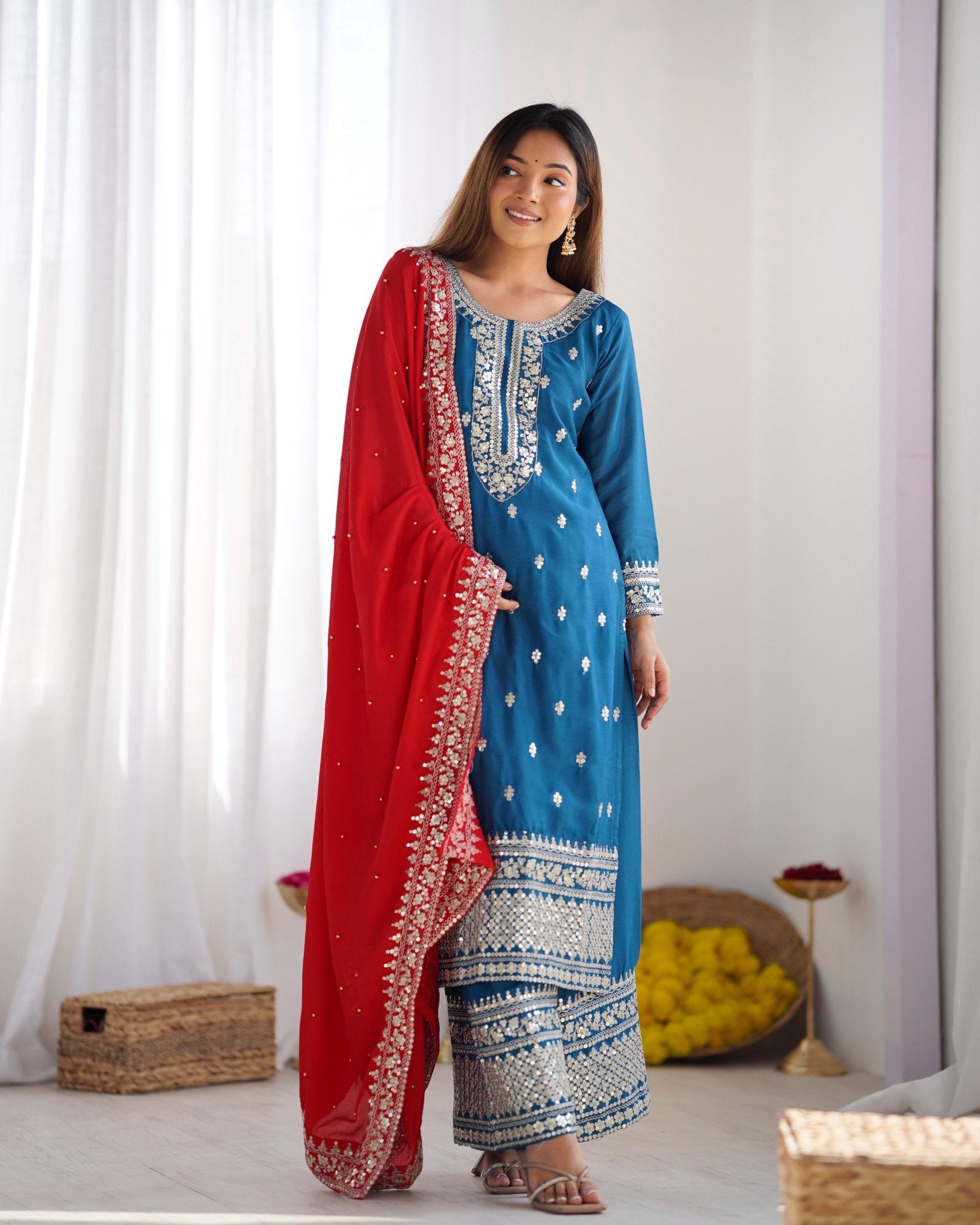 Chinom Heavy embroidery Festive sequence work 3pc Set - Chikankari official