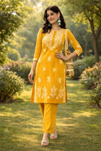 Cotton Blen Kurta pant set yellow - Chikankari official