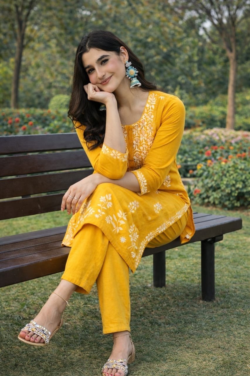 Cotton Blen Kurta pant set yellow - Chikankari official